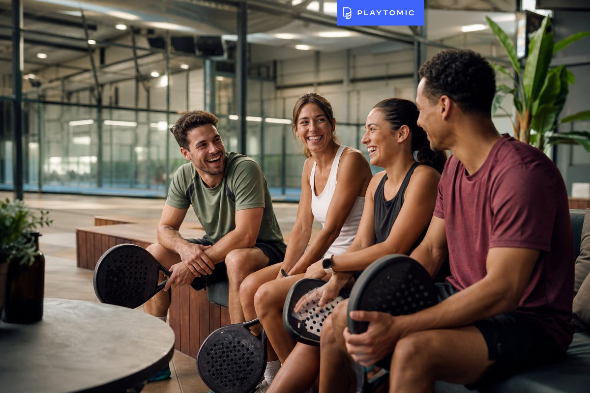 Glückliche Spieler sitzen gemeinsam mit Padel-Schlägern in der Halle